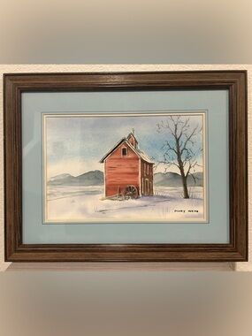 Mary Weirs Signed Watercolor Painting - Winter Barn Landscape